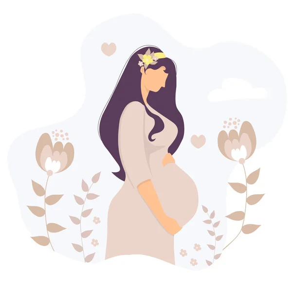 髪に花の花束を持つ幸せな妊婦は優しく彼女の手で彼女の胃を抱擁します 心と雲の背景に ベクターイラスト — ストックベクタ