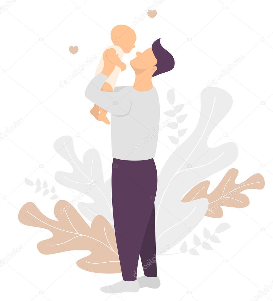 Happy father. A man holds a newborn baby in his arms. Happy family stands against the background of tropical leaves. Vector illustration. Flat design for decoration, print and cards
