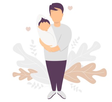Mutlu baba. Kollarında yeni doğmuş bir bebekle büyümekte olan bir adam. Tropikal yaprak ve bitkilerin arka planına karşı. Vektör çizimi. Mutlu aile - küçük baba ve bebek
