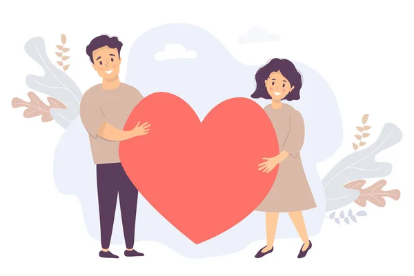 Couple Holding Heart Happy Young Man Woman Holding Big Red — Stock Vector