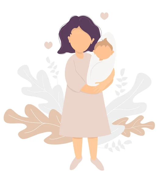 母亲和快乐的家庭 快乐的母亲和婴儿 年轻的母亲抱着新生儿站在那里 背景上的热带树叶和植物装饰图案 矢量说明 — 图库矢量图片