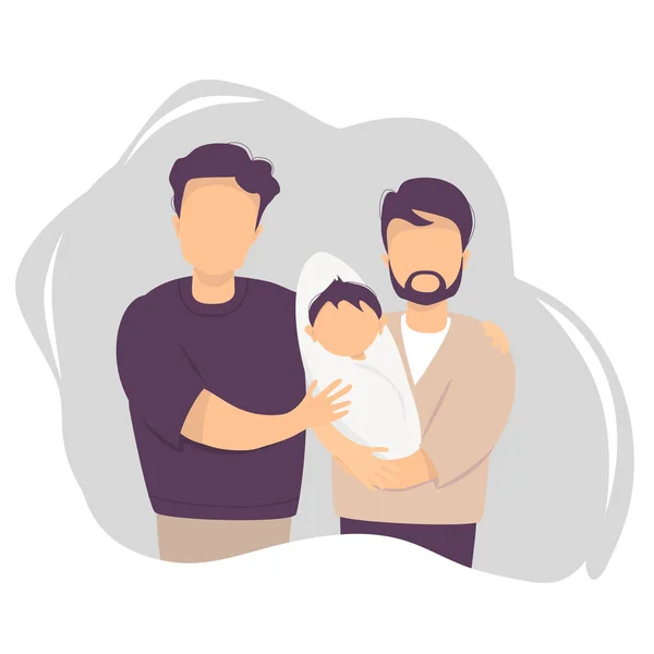 Pareja Gay Masculina Adoptando Bebé Dos Hombres Felices Sosteniendo Recién — Vector de stock