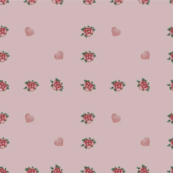 シームレスなパターン ピンクの背景にバラの花と心 水彩画 装飾的な植物要素と花休日のデザイン バレンタインデーとロマンチックな装飾と装飾のために — ストック写真