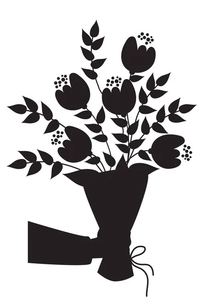 Hand Houdt Een Boeket Bloemen Takken Vector Illustratie Zwart Silhouet — Stockvector