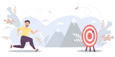 İnsan hedefine koşar, motivasyonunu hedefine, başarının zirvesine götürür. Görev için vektör, hedef, başarı, iş, pazarlama konsepti. Hedefe ulaşma yolu kavramı