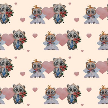 Kusursuz desenler. Birbirine aşık iki panda. Bir buket kırmızı çiçekle damat ve perdeli bir gelin ve arka planda kalpleri olan parlak bir taç. Suluboya. Tasarım için el çizimi