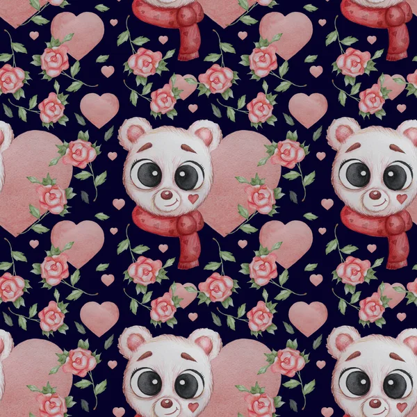 Seamless Patterns Portrait White Polar Bear Red Scarf Dark Blue — Stock Photo, Image