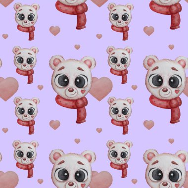 Kusursuz desen. Beyaz kutup ayısının portresi kırmızı bir eşarpla arka planda kalpleri olan. Suluboya. Çocuk koleksiyonu, sevgililer günü kartı, baskı, ambalaj, dekor, duvar kağıdı ve tasarım için sevimli bir hayvan.