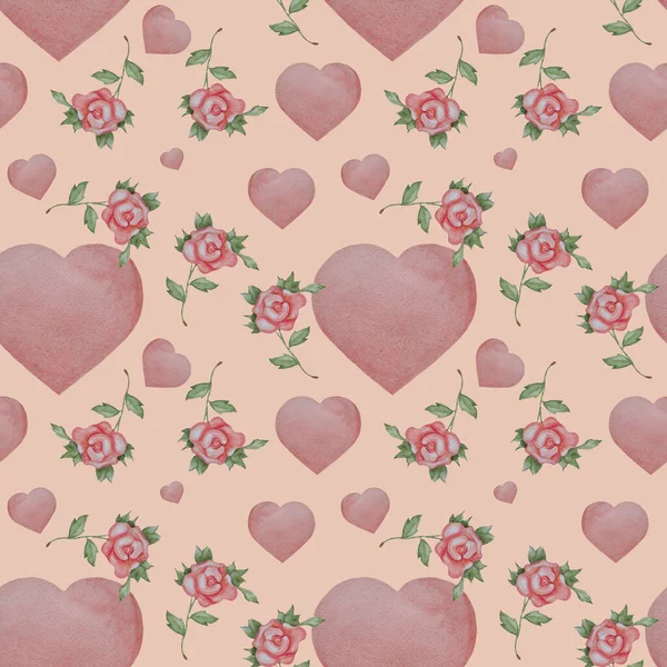 Nahtlose Muster Rosenblüten Auf Hellrosa Hintergrund Mit Herzen Aquarell Romantische — Stockfoto