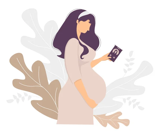 快乐的孕妇手里拿着手机 温柔地搂着她的肚子 站在热带树叶装饰的背景下 矢量图解 — 图库矢量图片