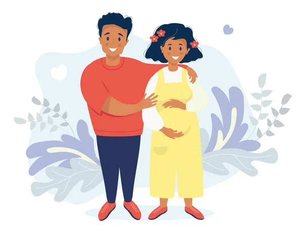 Happy family flat vector. Couple Ethnic affiliation. Happy pregnant woman in overalls stroking her belly with her hands. The husband hugs her. Vector illustration — Stock Vector