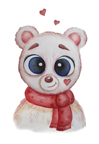 Portret van een ijsbeer. Jongen met een rode sjaal met harten. Aquarel. Handtekening Schattig dier op een witte achtergrond — Stockfoto