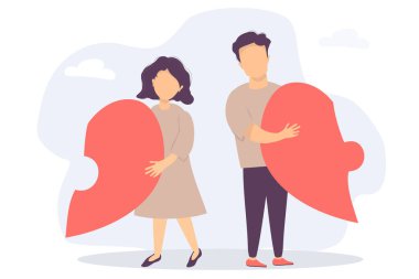 Adam ve kadın ayrıldılar. Her birinin elinde yarım bir kalp var. Kalp şeklindeki bulmacayı çözdüm. Vecton düz çizim. İlişkiler ve aile ilişkileri, kriz, boşanma kavramı