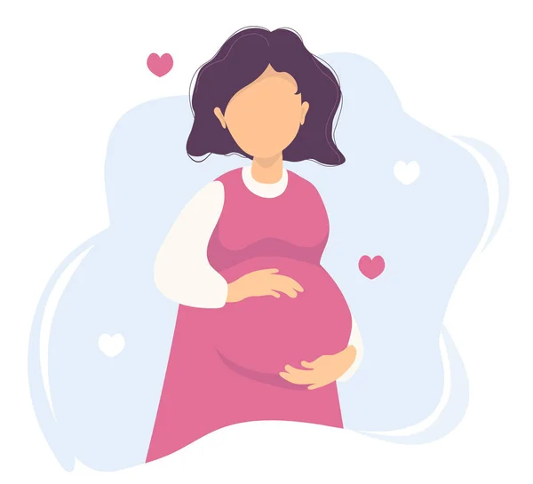 Annelik. Pembe elbiseli mutlu hamile kadın elleriyle karnına hafifçe sarılıyor. Kalpleri olan mavi bir arka planda. Vektör. düz çizim karakteri - mutlu hamilelik — Stok Vektör