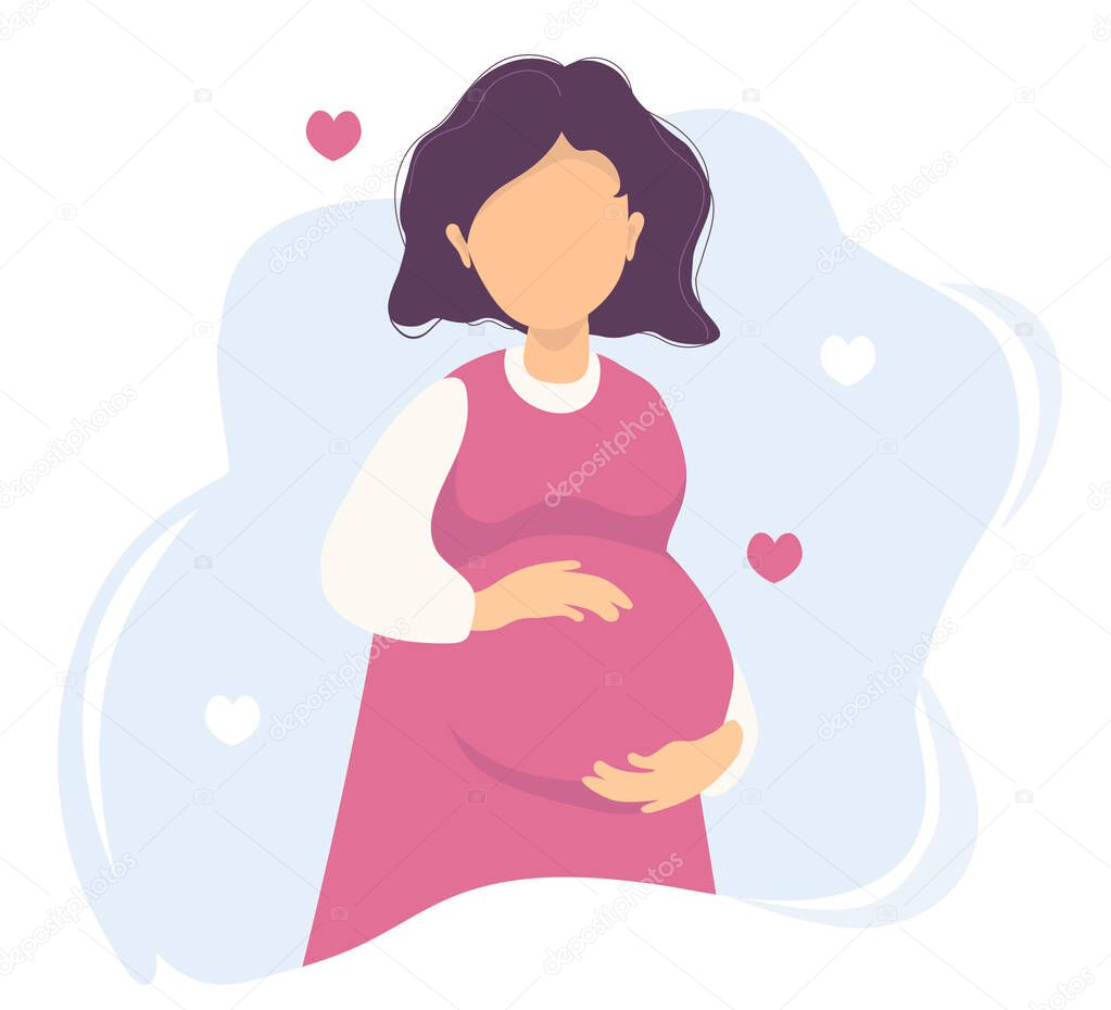 Motherhood. Happy pregnant woman in a pink dress gently hugs her stomach with her hands. On a blue background with hearts. Vector. flat illustration character - happy pregnancy