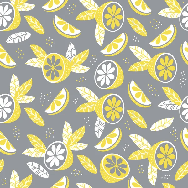 Patrón sin costura. Patrón abstracto en color amarillo-gris. Decoración, frutas y hojas sobre un fondo gris. Ilustración vectorial. Para textiles, papel pintado, diseño, impresión, embalaje — Vector de stock