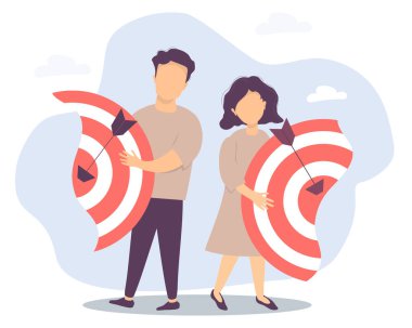 İki yarıyı ayıran vektör çizimi, ilişkiler ve takım çalışması, işbirliği ve çöküş. İş kavramı - erkek ve kadın ayrılır. Her biri hedefin yarısını oklarla tutuyor..