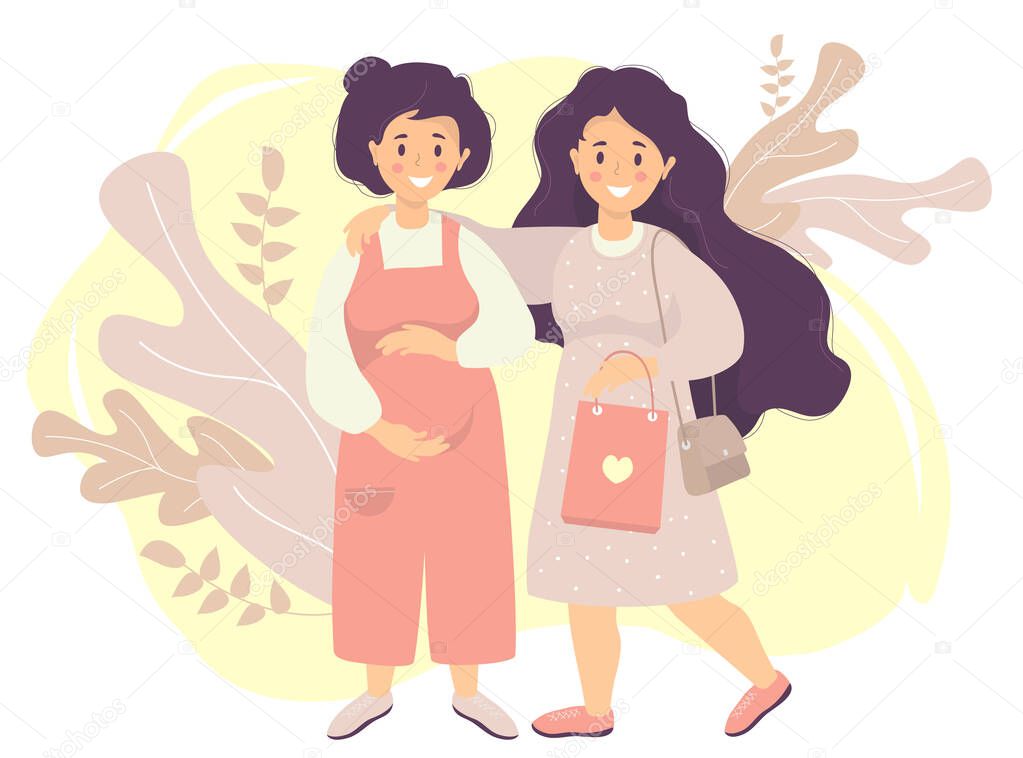 Motherhood and Happy female lgbt family. A pregnant woman in overalls strokes her belly with her hands. She is hugged by a girl with long hair and a bag in her hands. Vector flat illustration