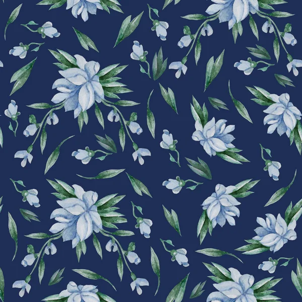 Naadloze Patronen Blauwe Bloemen Knoppen Bladeren Een Donkerblauwe Achtergrond Aquarel — Stockfoto