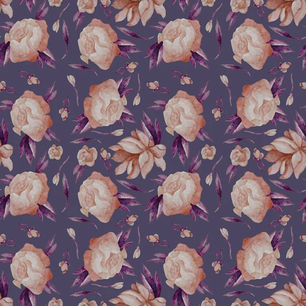 Seamless patterns. Decorative floral patterns - pink large flowers and buds with purple leaves on blue background. Watercolor. For design, decor, packaging, textiles, decor and wallpaper. Hand drawing