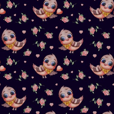 Kusursuz desenler. Güzel kuş. Kalpleri ve çiçekleri olan siyah arka planda kırmızı bir kalbi olan güzel Titmouse. Suluboya. Sevgililer günü kartı, baskı, ambalaj, dekor, duvar kağıdı ve tasarım deseni