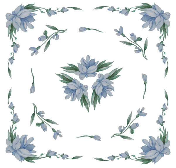 Çiçek Deseni Mavi Çiçeklerden Tomurcuklardan Dallardan Beyaz Arkaplanda Yapraklardan Yapılmış — Stok fotoğraf