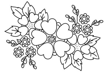 Çiçek deseni. Dekoratif çiçek aranjmanı, bir buket çiçek, dallar ve yapraklar. Vektör çizimi. Siyah çizgi, özet. Beyaz arka plan. baskı, dekor, tasarım ve kartpostallar için