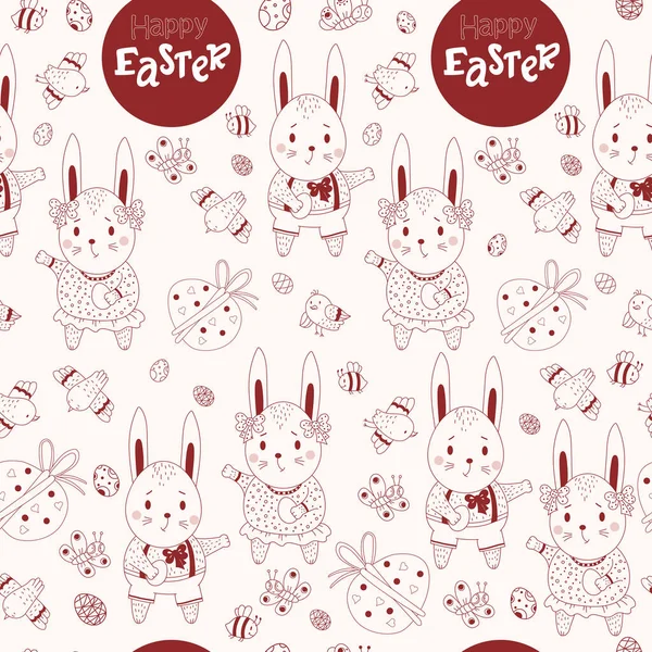 Happy Easter Seamless pattern. Easter pattern of rabbits-boys and girls-hares, decorative eggs, birds and butterflies on a light background. Vector illustration. red Line, outline