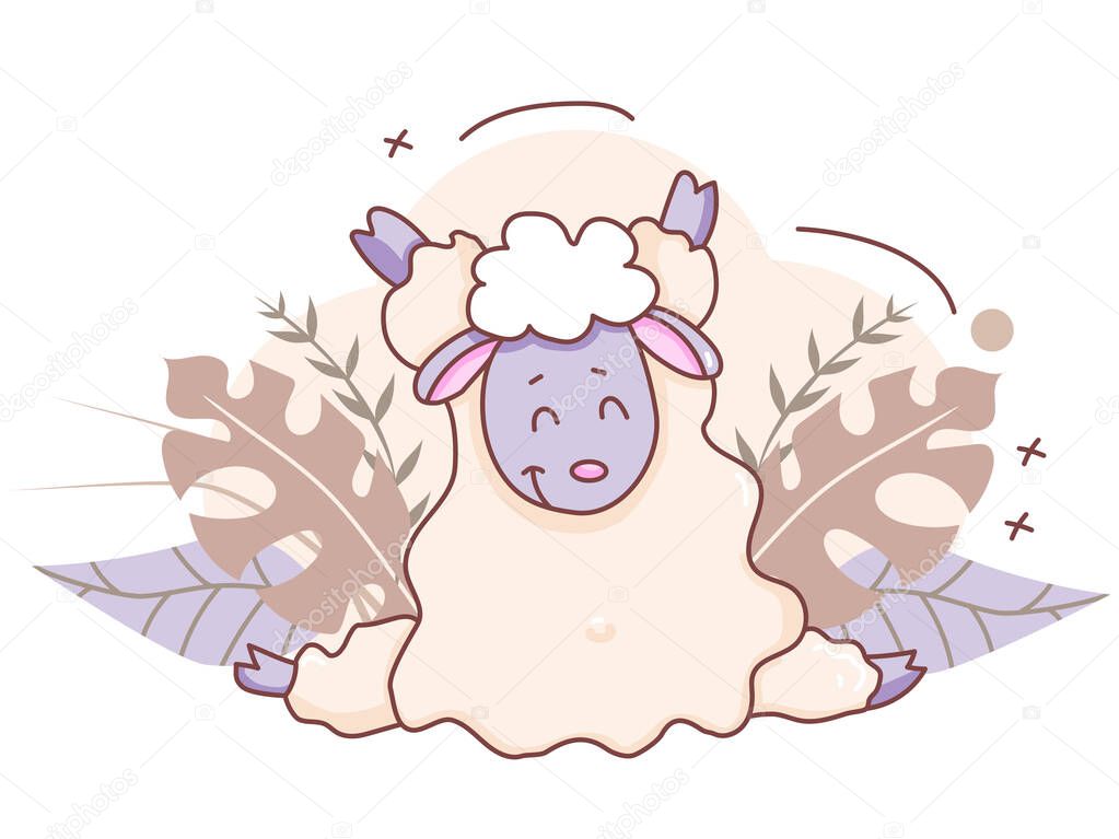 Pets yoga time. A cute lamb is engaged in yoga, sitting in an asana, twine. Lifestyle and hobbies at home - yoga farm animals on a decorative background with tropical leaves. Vector illustration