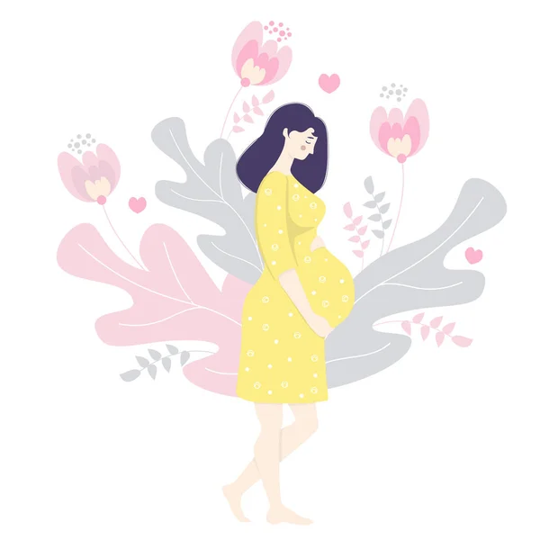 穿着黄色衣服 双手轻轻地抱着肚子的快乐孕妇 光着脚站在装饰树叶 花朵和心灵的背景下 平面插图 — 图库矢量图片