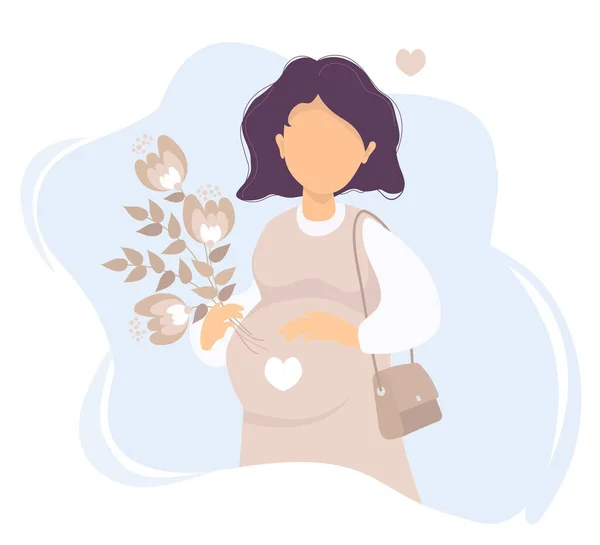 一方で幸せな妊娠中の女性は 優しく彼女の腹を撫で 一方で花の花束を保持します ベクトル 期待される母親のフラットイラストは — ストックベクタ