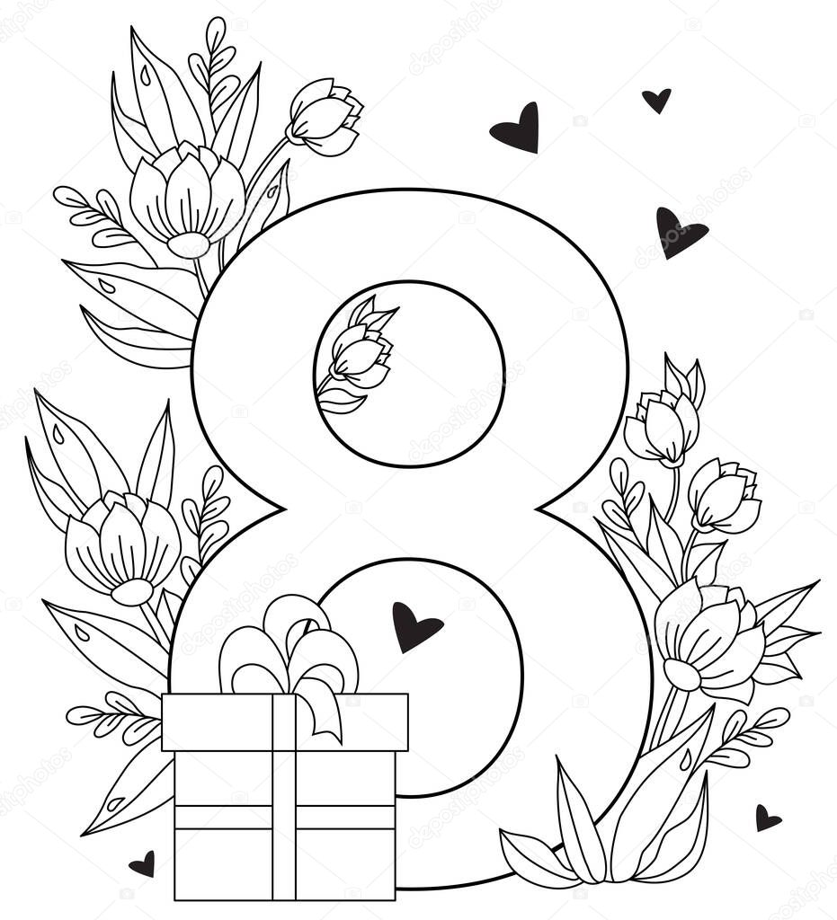 March 8. Holiday card for International Women's Day. Number eight, a bouquet of flowers, hearts and leaves, a box with a gift. Vector. Decorative drawing, black line, outline