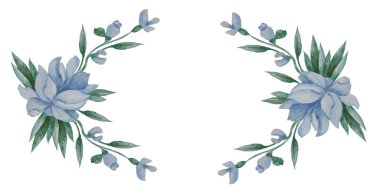 Çiçek deseni. Mavi çiçeklerin yatay çerçevesi, beyaz arka planda tomurcuklar ve yapraklar. Suluboya. Bitkilerin festival tasarımı, kartpostalları, dekorasyonu, ambalajı, baskısı için aç