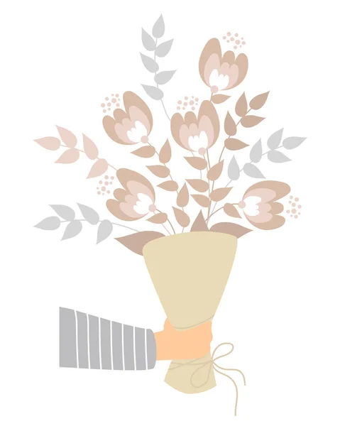 Hand Houdt Boeket Van Bloemen Takken Vector Illustratie Geïsoleerd Voor — Stockvector