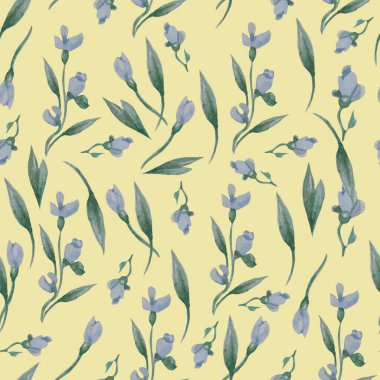 Kusursuz desenler. Mavi çiçeklerin, tomurcukların ve yaprakların sarı arka planda bıraktığı çiçek deseni. Suluboya. Şenlikli tasarım, dekor, ambalaj, tekstil ve duvar kâğıdı, hatıra defteri için. El çizimi