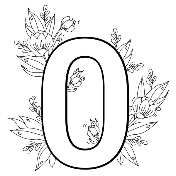 Цветок ноль. Декоративный узор 0 с цветами, тюльпанами, бутонами и листьями. Векторная иллюстрация изолирована на белом фоне. Линия, план — стоковый вектор