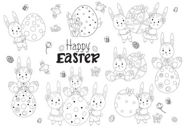 Güzel Paskalya tavşanları olan bir dizi Paskalya skeci. Büyük bir Paskalya yumurtası olan bir tavşan ailesi, çocuklar - bir oğlan ve bir kız, Paskalya dekoru ve çiçekler, kuşlar ve böcekler. Vektör 