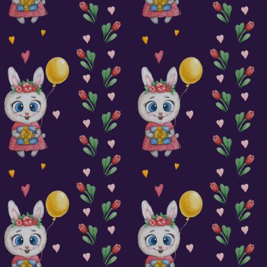 Şirin hayvanlarla kusursuz desenler. Çiçekli pembe elbiseli tavşan kız, çiçek ve yapraklı mavi arka planda bir hediye ve balon. Suluboya. Dekor, tekstil, duvar kağıdı, ambalaj için