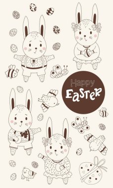 Taslak Paskalya 'yı ayarla. Pençelerinde Paskalya yumurtası, kuşları, kelebekleri ve arıları olan tatlı tavşanlar. Vektör. Siyah çizgi, özet. Mutlu Paskalyalar için güzel dekoratif çizimler.