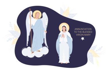Kutsal Bakire Meryem 'e duyuru. Mavi bir maforia içinde Bakire Meryem uysalca dua eder ve başmelek Gabriel bir zambakla dua eder. Vektör. Hıristiyan ve Katolik cemaatleri için, dini kartpostal bayramı 