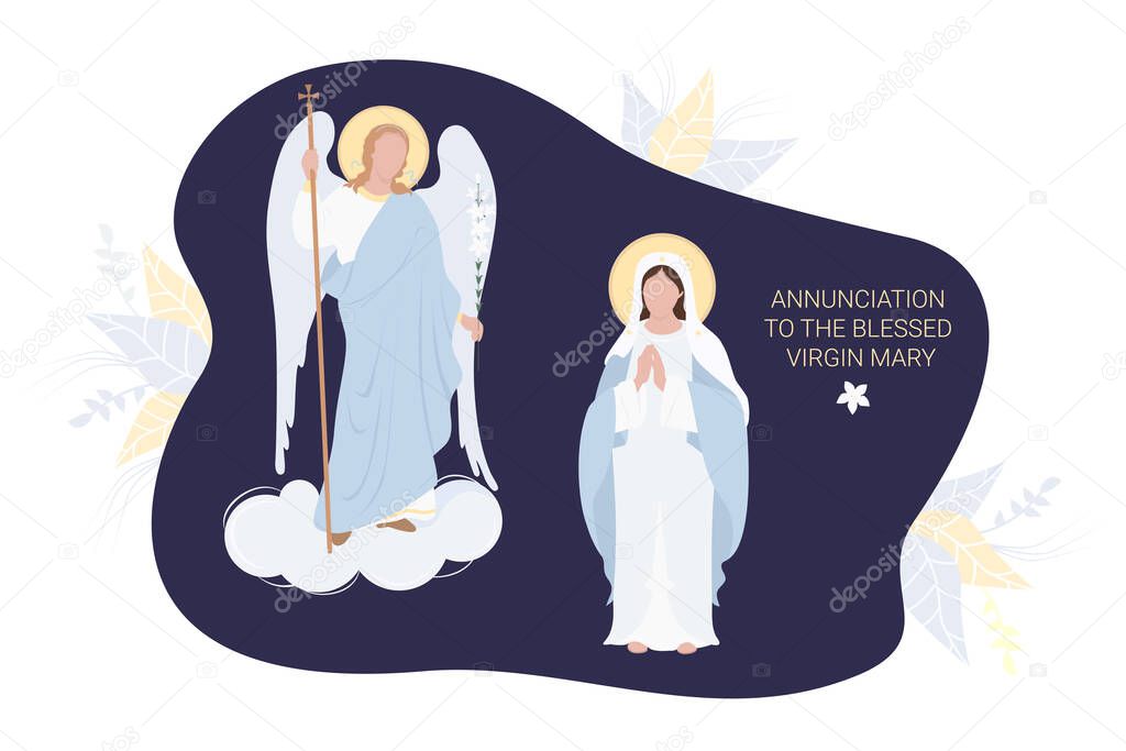 Annunciation to the Blessed Virgin Mary. Virgin Mary in a blue maforia prays meekly And the Archangel Gabriel with a lily. Vector. for Christian and Catholic communities, postcard religious holiday 