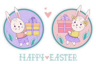 Bir çift şirin tavşan. Paskalya tavşanı kız ve oğlan büyük bir hediye kutusuyla dekoratif yuvarlak arka planda yapraklarla. Vektör Rengi çizimi. Mutlu Paskalya tebrik kartları.