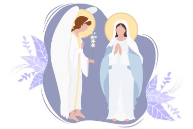 Annunciation to the Blessed Virgin Mary. Virgin Mary, Mother of Jesus Christ in blue maforia and Archangel Gabriel With lily On a decorative background. Religious Catholic and Orthodox holiday. Vector clipart