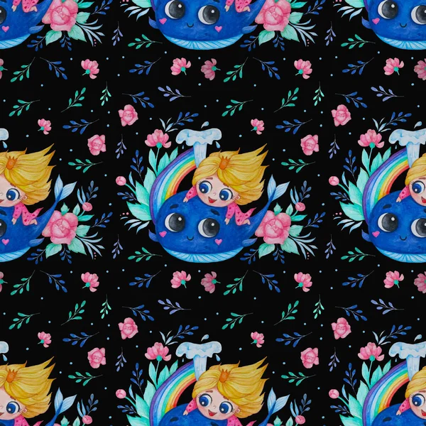 Seamless patterns. Cute little princess girl and a blue whale with a rainbow on a black background with a floral pattern. Watercolor. Hand drawing for design, decor, textiles, kids collection