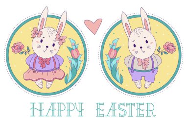 Bir çift şirin tavşan. Etek giyen Paskalya tavşanı kız ve dekoratif bir arka planda gül ve çiçek buketi olan şortlu bir oğlan. Vektör çizimi. Mutlu Paskalya tebrik kartları.