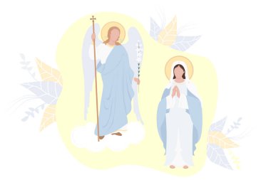 Kutsal Theotokos 'un duyurusu. Bakire Meryem, mavi bir maforia içinde İsa 'nın annesi ve dekorlu bir zambakla başmelek Gabriel. Dindar Katolik ve Ortodoks bayramı. Vektör