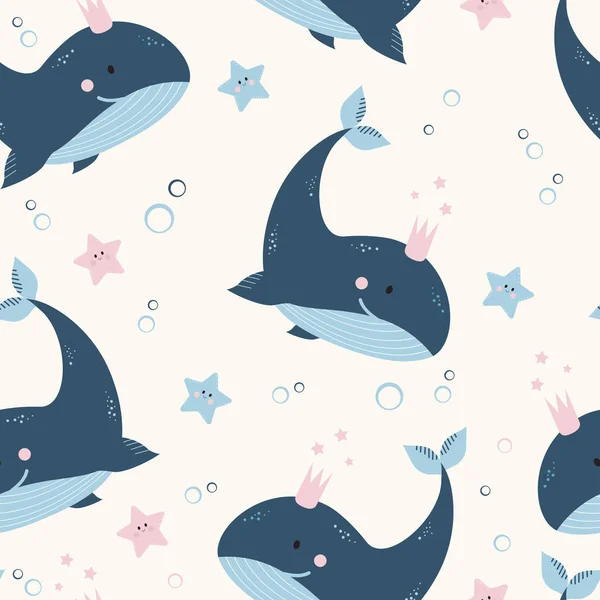 Seamless patterns with sea animals. Cute blue whales and starfishes on a light background. Vector illustration. For design, decor, printing, packaging and wallpaper