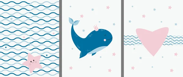 Postales con un patrón marino y animales. Linda ballena azul grande con una corona y una estrella de mar con un corazón sobre fondo decorativo con olas y estrellas. Vector. Para diseño, decoración, impresión, postales — Vector de stock