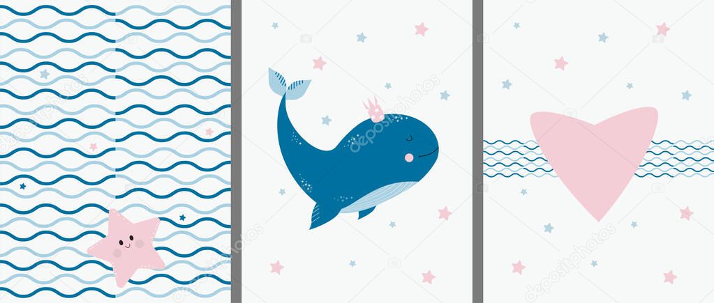 Postcards with a marine pattern and animals. Cute big blue whale with a crown and a starfish with a heart on decorative background with waves and stars. Vector. For design, decor, print, postcards