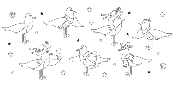 Σετ θαλασσοπούλια - γλάροι. Χαρακτήρες - ένα αγόρι με ένα θαλάσσιο σωσίβιο και φορώντας ένα καπέλο και γιλέκο, και ένα κορίτσι με παγωτό. Βέκτορ. Σχέδιο περίγραμμα, σκίτσο χέρι, γραμμή — Διανυσματικό Αρχείο